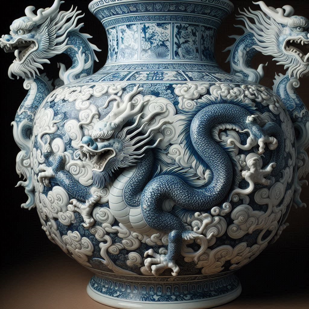 18th chinese blue whote vase dragon handles