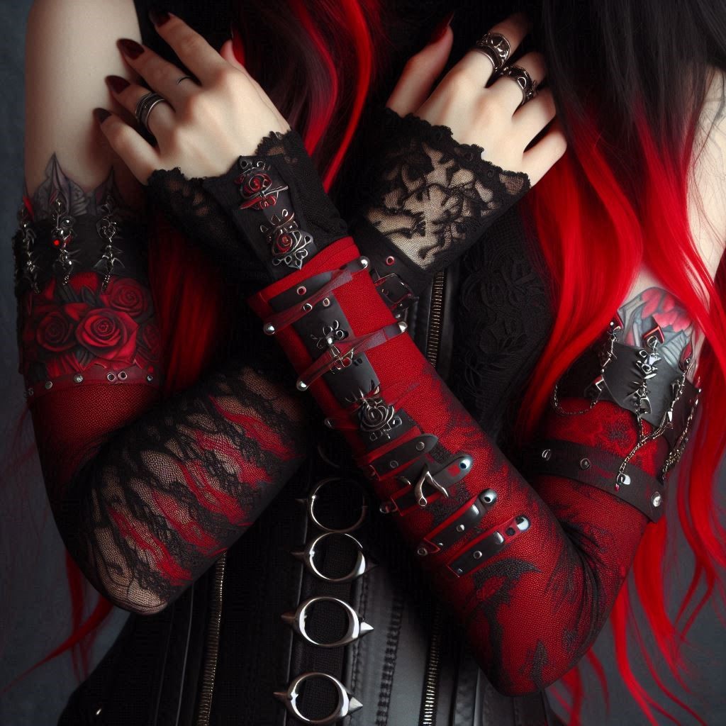 red and black arm sleeves goth