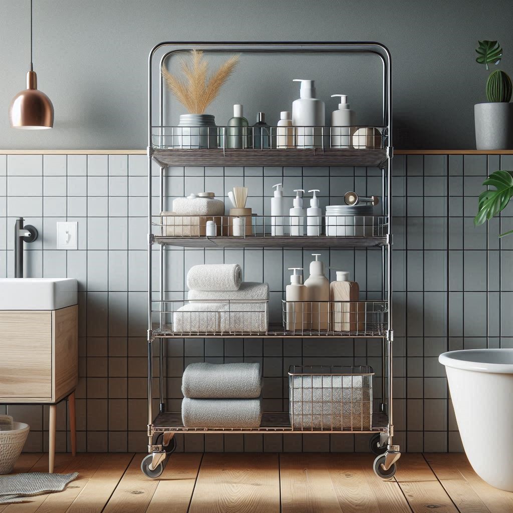 Bathroom and Kitchen Wire Shelf Rack with Casters