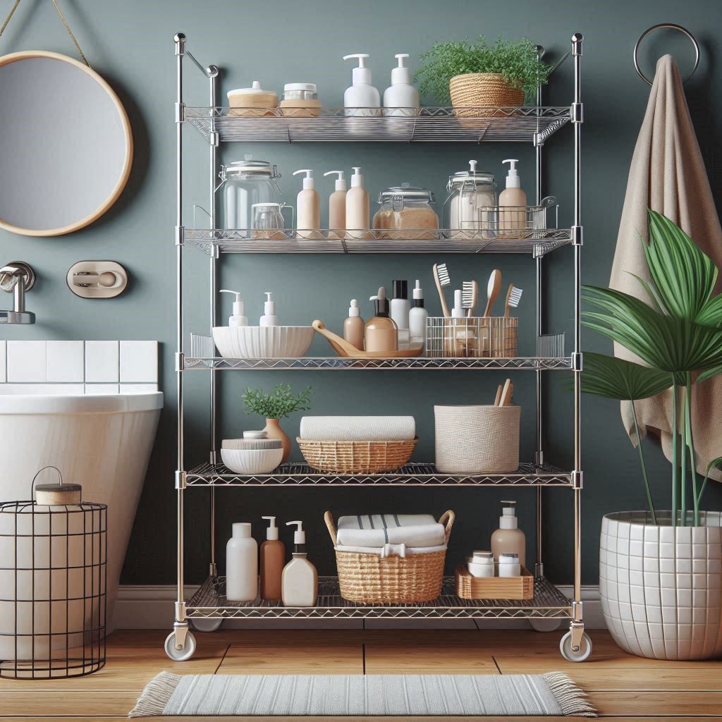 Bathroom and Kitchen Wire Shelf Rack with Casters