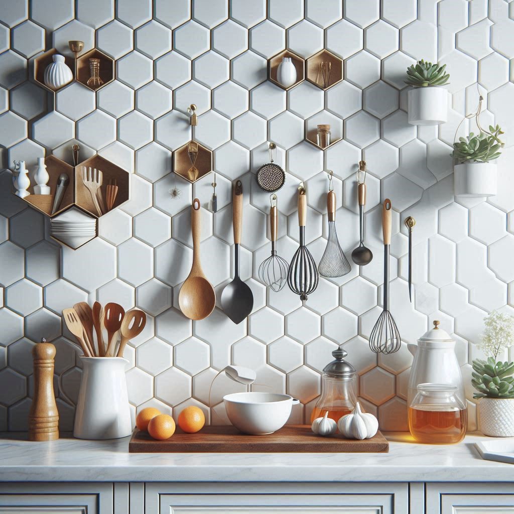 White Embossed Hexagon Backsplash Tile Kitchen