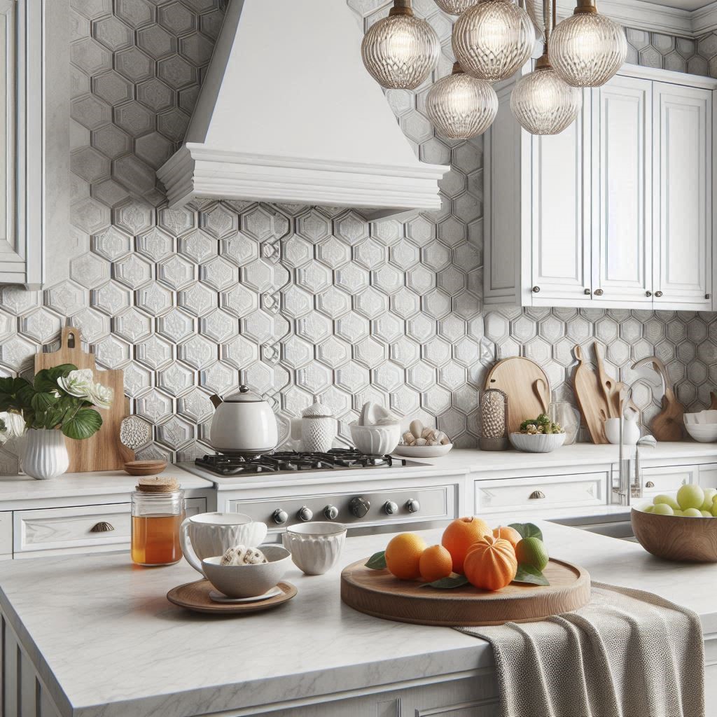 White Embossed Hexagon Backsplash Tile Kitchen